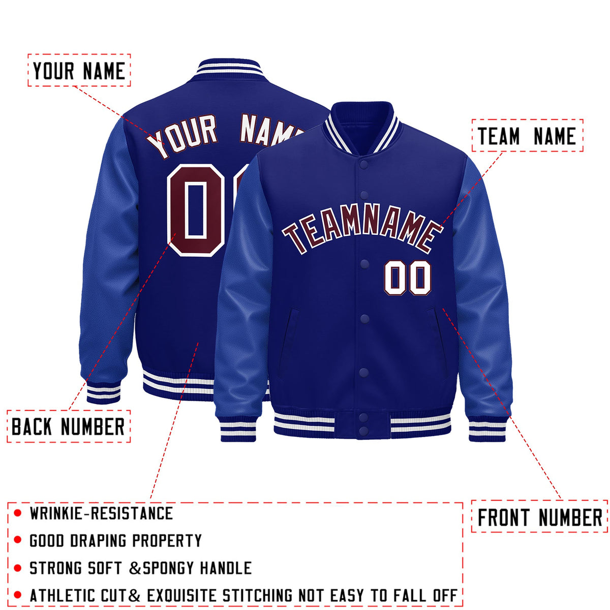 Custom Royal Blue White Classic Style Leather Sleeves Wrinkle-Resistant Jacket| KXKSHOP