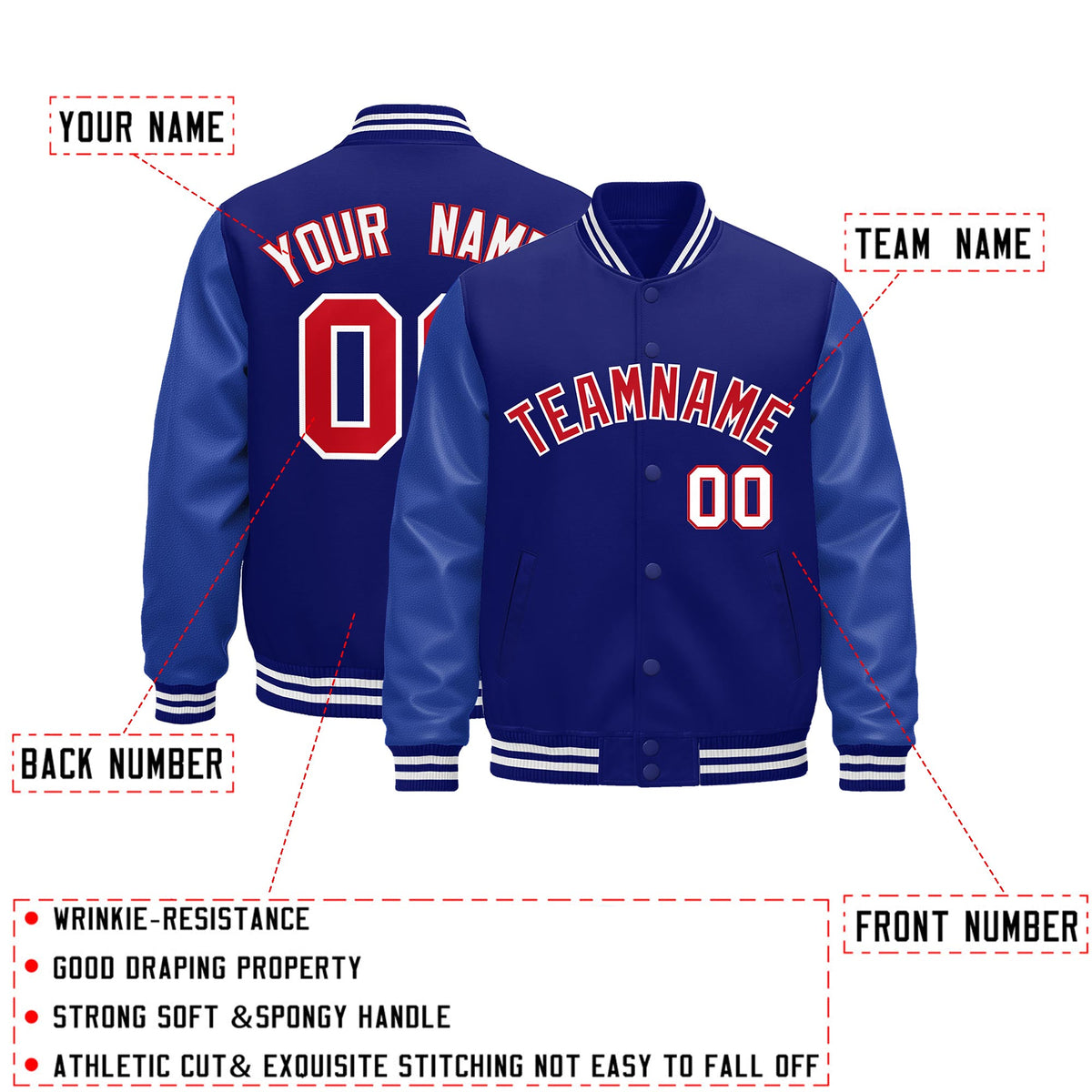 Custom Royal Blue White Classic Style Leather Sleeves Wrinkle-Resistant Jacket| KXKSHOP
