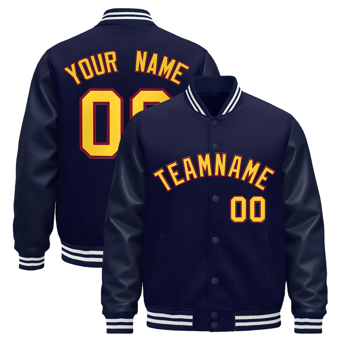 Custom Navy Burgundy Jacket - Classic Style Leather Sleeves Wrinkle-Resistant