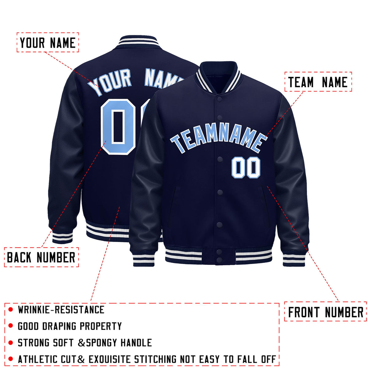 Custom Navy White Classic Style Leather Sleeves Wrinkle-Resistant Jacket| KXKSHOP