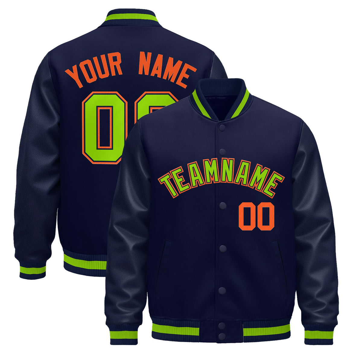 Custom Navy Orange Jacket - Classic Style Leather Sleeves Wrinkle-Resistant