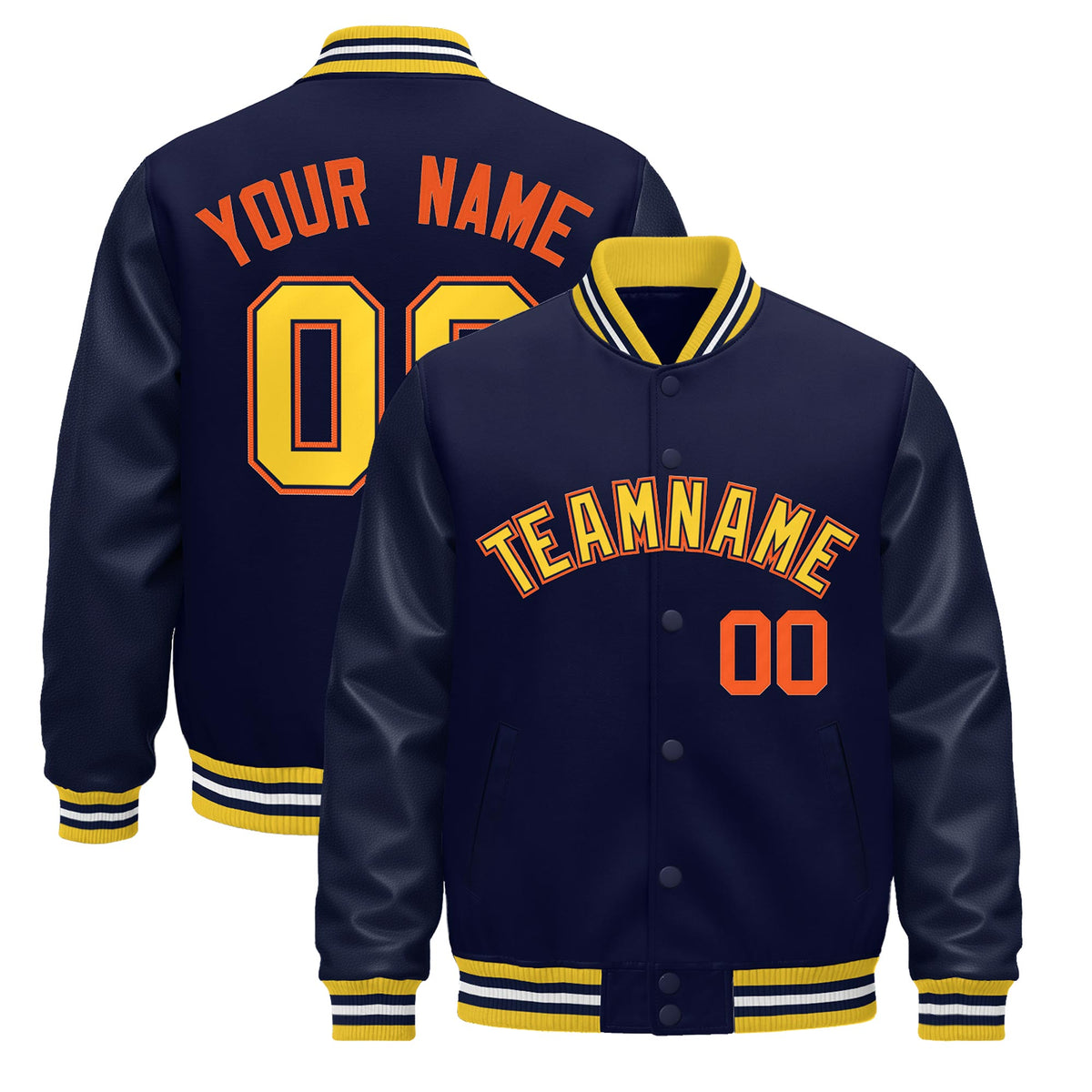 Custom Navy yellow Jacket - Classic Style Leather Sleeves Wrinkle-Resistant