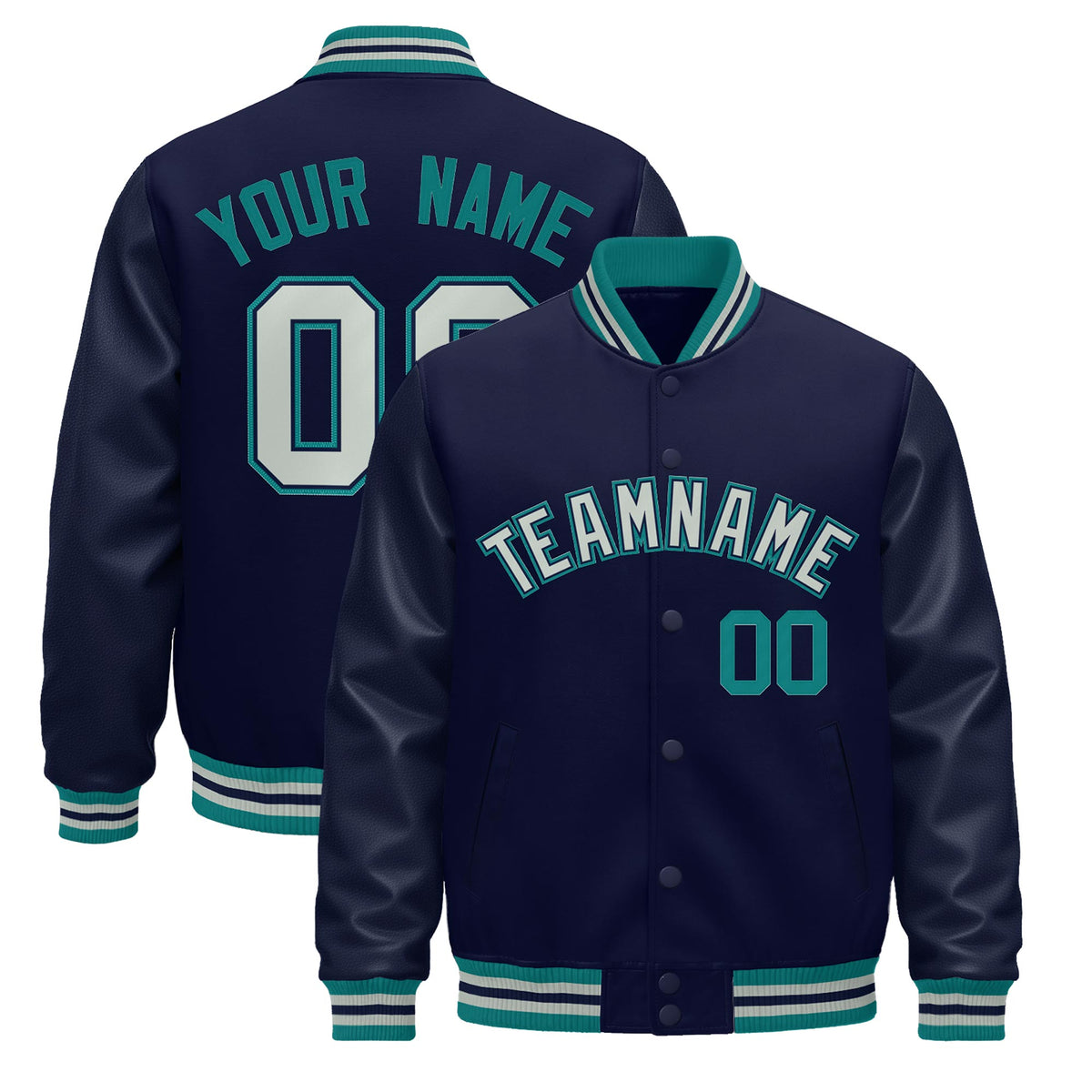 Custom Navy Teal Gray Jacket - Classic Style Leather Sleeves Wrinkle-Resistant