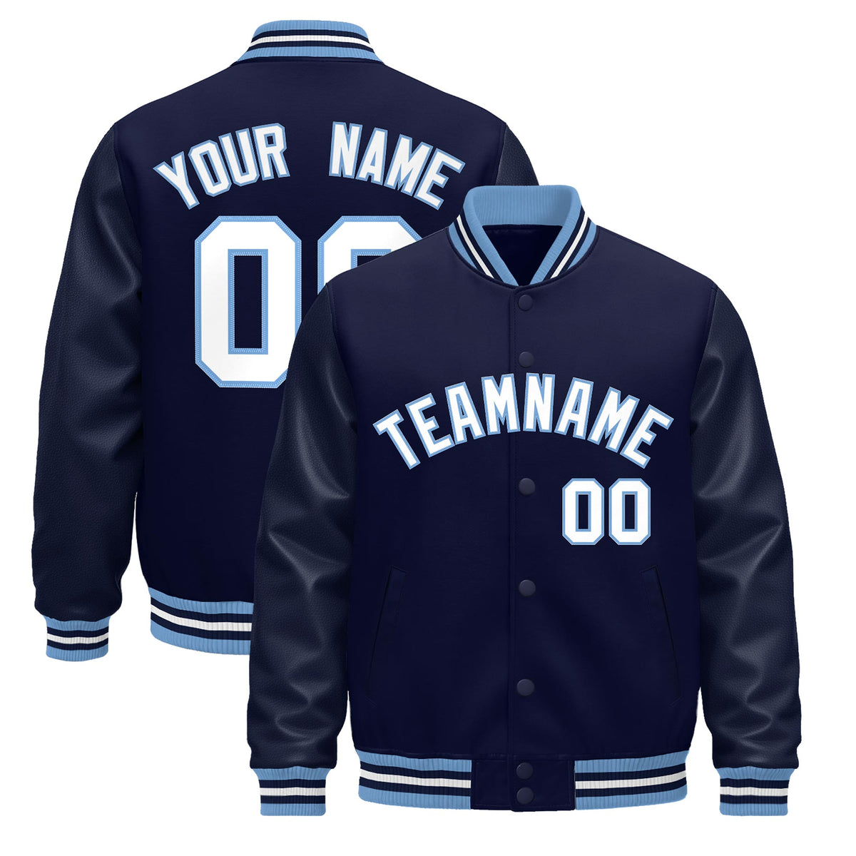 Custom Navy White Light Blue Jacket - Classic Style Leather Sleeves Wrinkle-Resistant