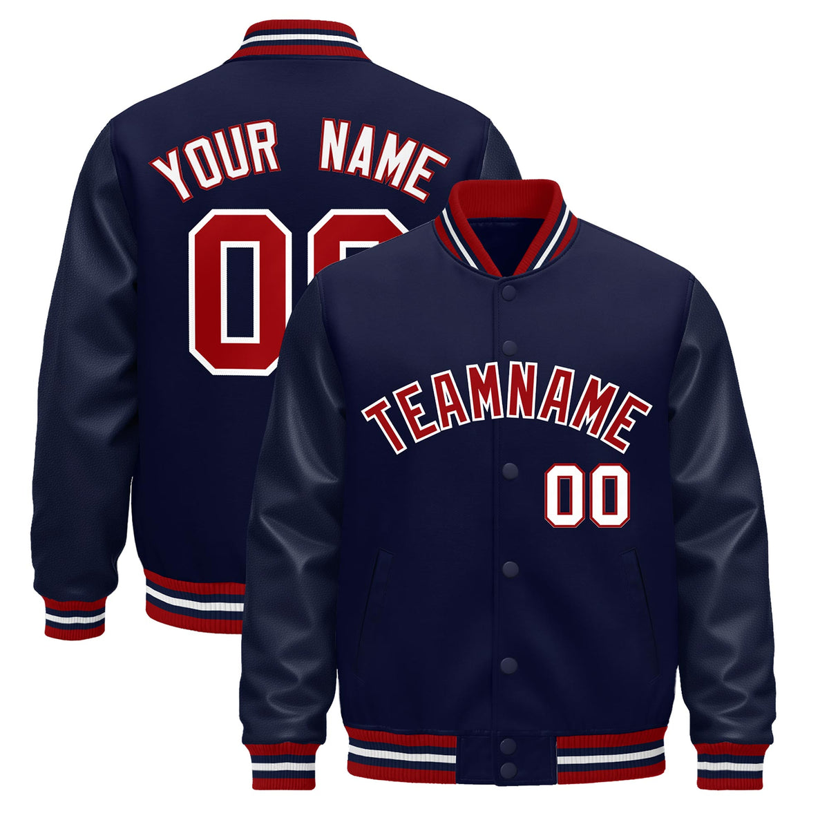 Custom Navy Red White Jacket - Classic Style Leather Sleeves Wrinkle-Resistant