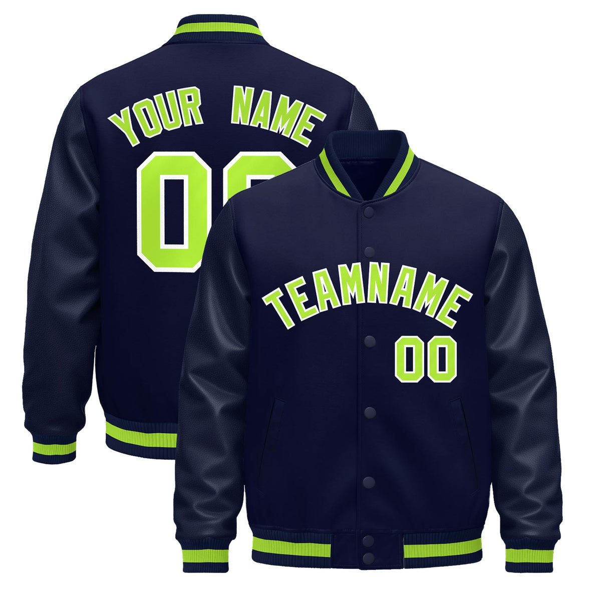Custom Navy Neon Green Jacket - Classic Style Leather Sleeves Wrinkle-Resistant