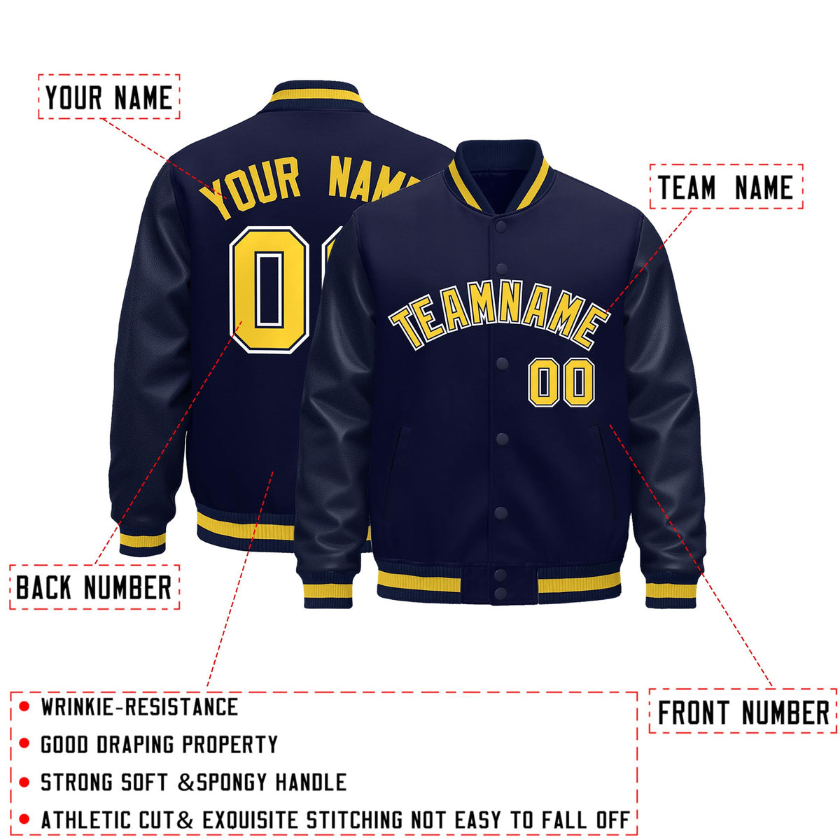 Custom Navy Gold Classic Style Leather Sleeves Wrinkle-Resistant Jacket| KXKSHOP