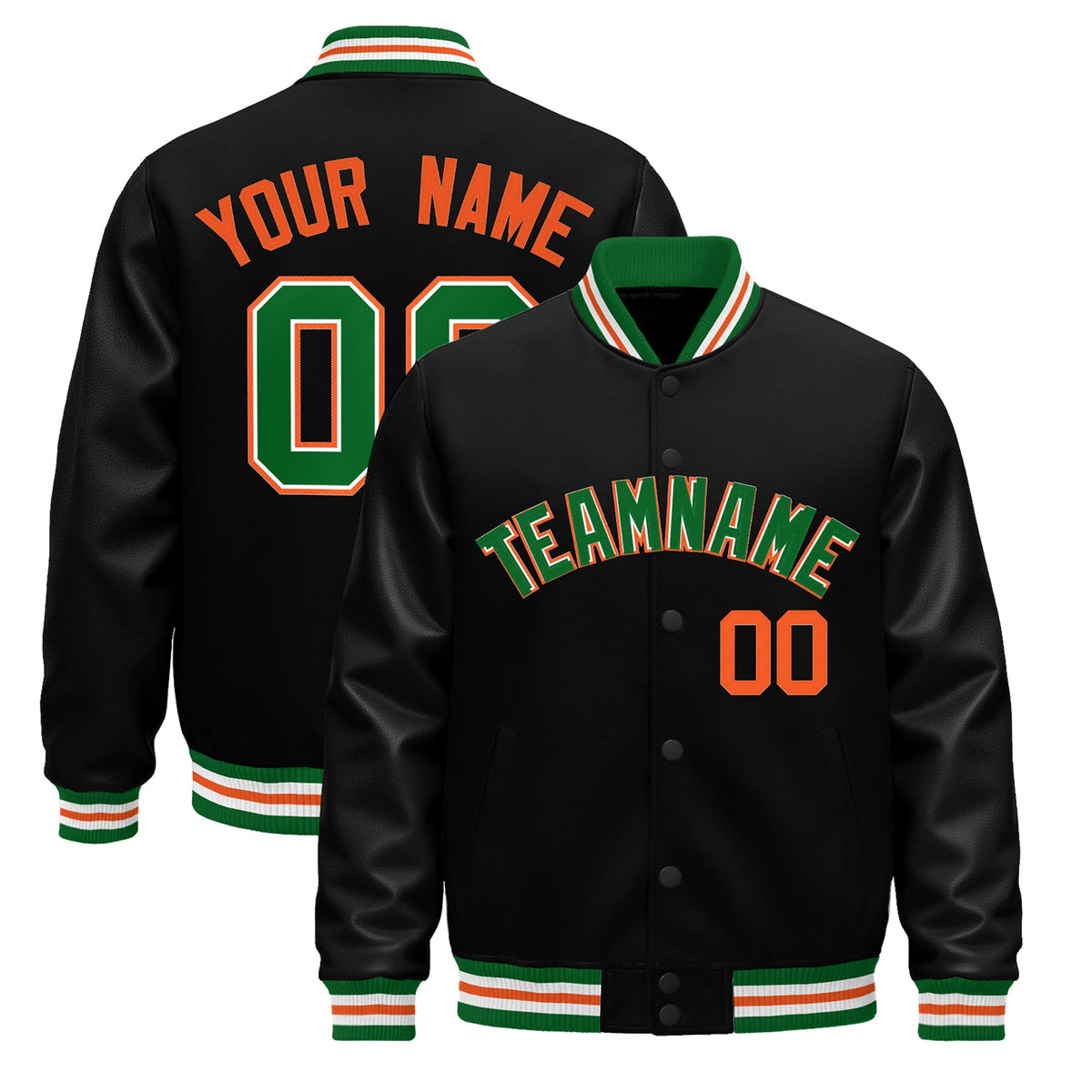 Custom Black Kelly Green White Jacket - Classic Style Leather Sleeves Wrinkle-Resistant