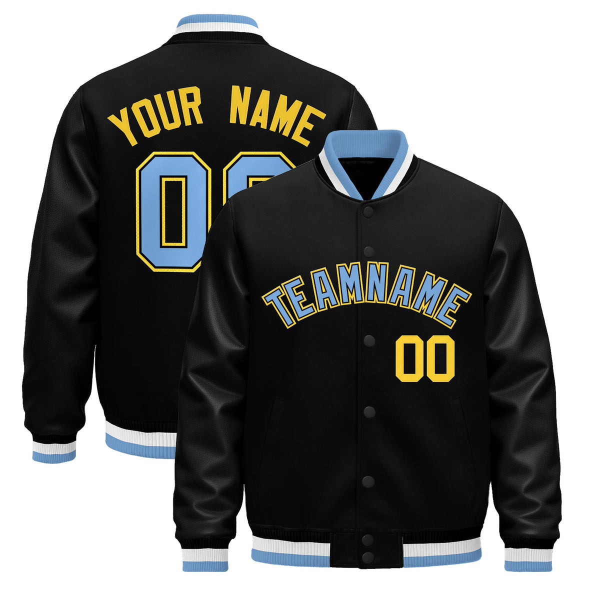 Custom Black Light Blue White Jacket - Classic Style Leather Sleeves Wrinkle-Resistant
