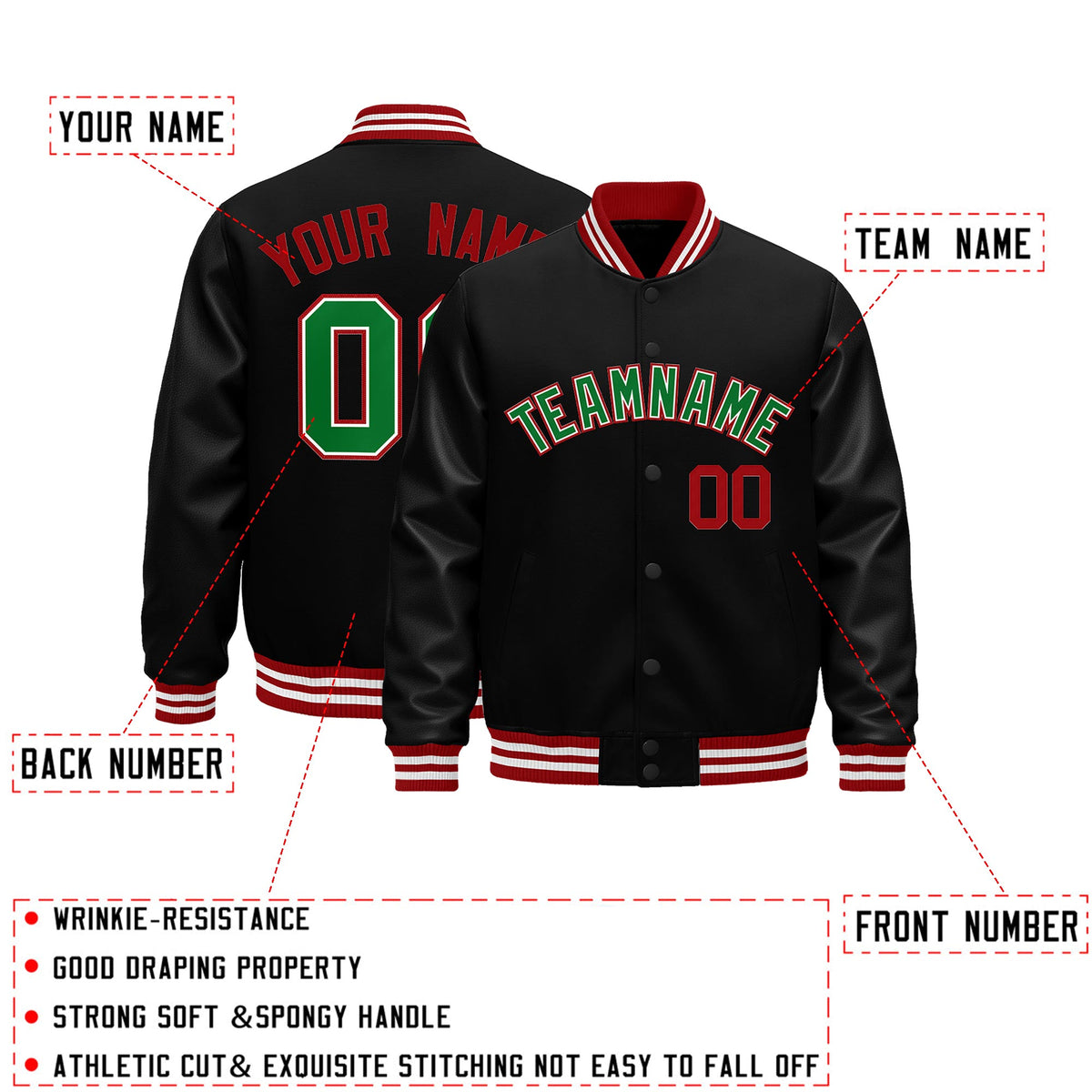 Custom Black Red White Classic Style Leather Sleeves Wrinkle-Resistant Jacket| KXKSHOP