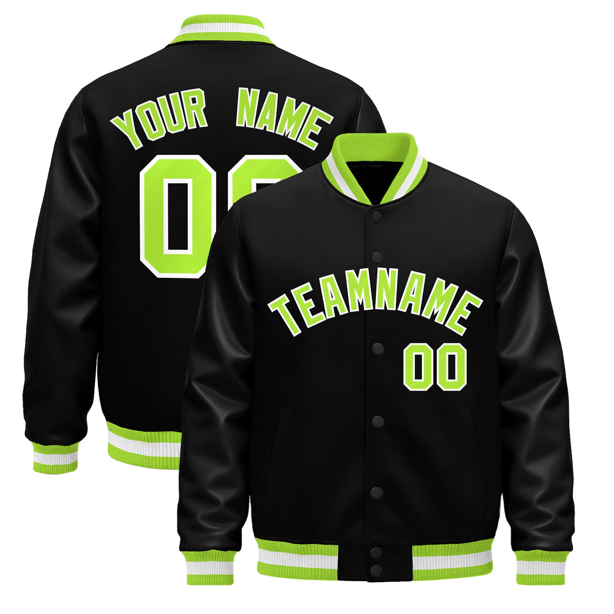Custom Black Neon Green White Jacket - Classic Style Leather Sleeves Wrinkle-Resistant