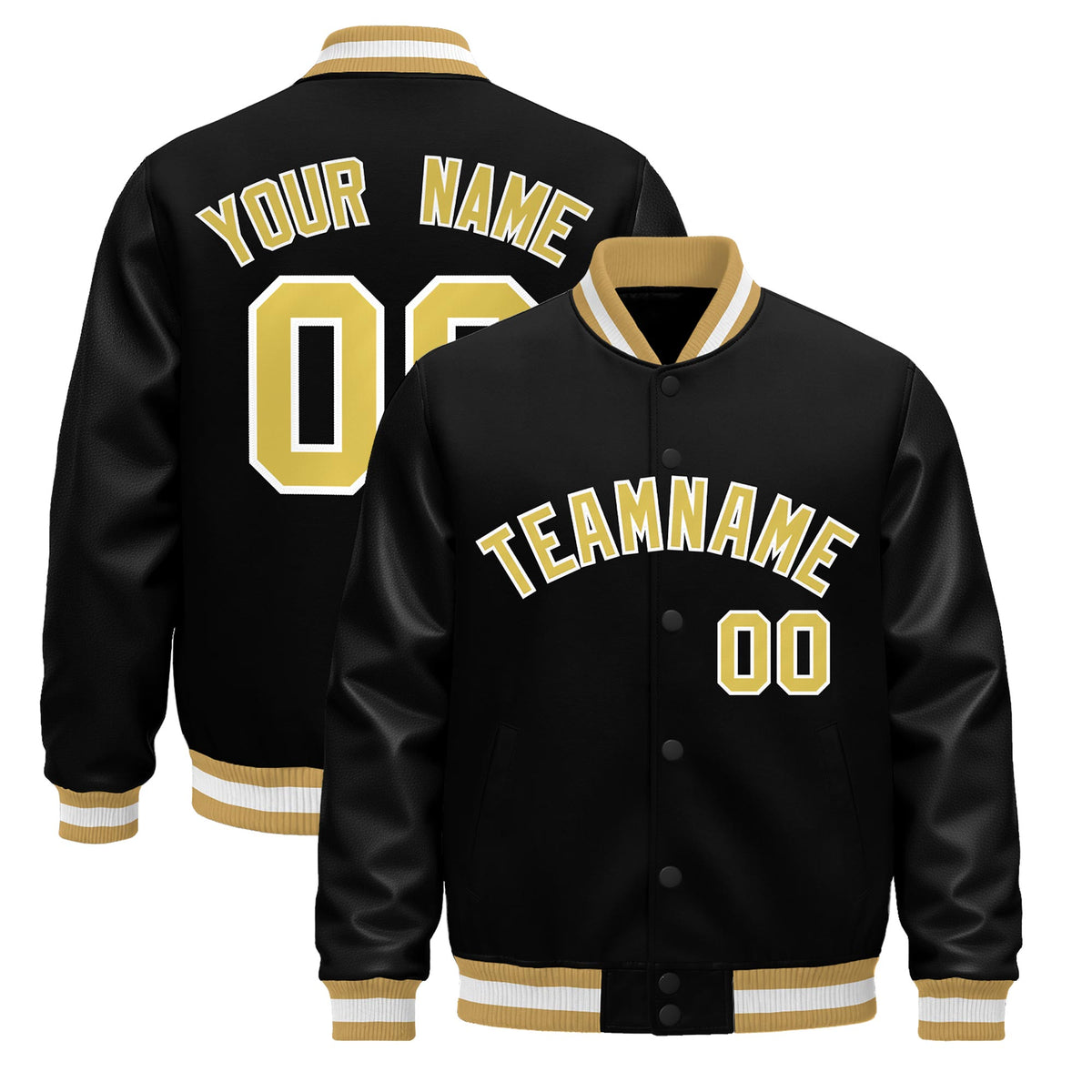 Custom Black Old Gold White Jacket - Classic Style Leather Sleeves Wrinkle-Resistant