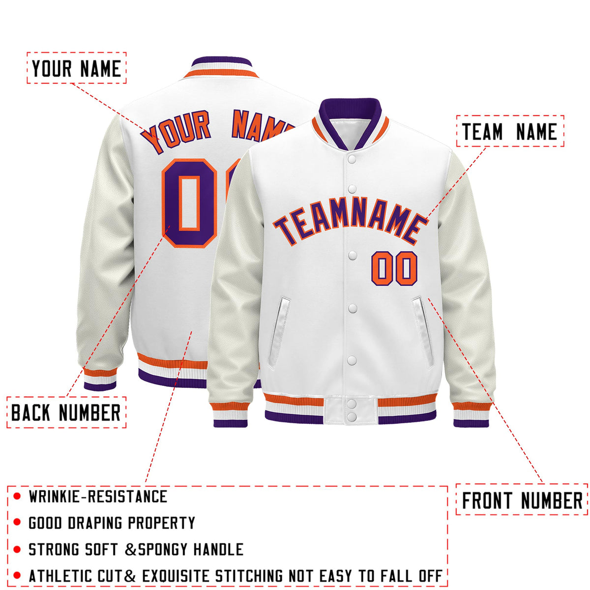 Custom White Purple Orange Classic Style Leather Sleeves Wrinkle-Resistant Jacket| KXKSHOP
