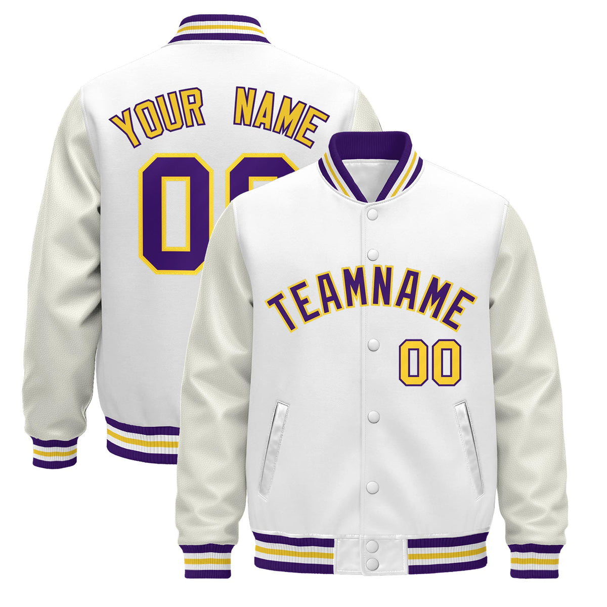 Custom White Purple Gold Jacket - Classic Style Leather Sleeves Wrinkle-Resistant