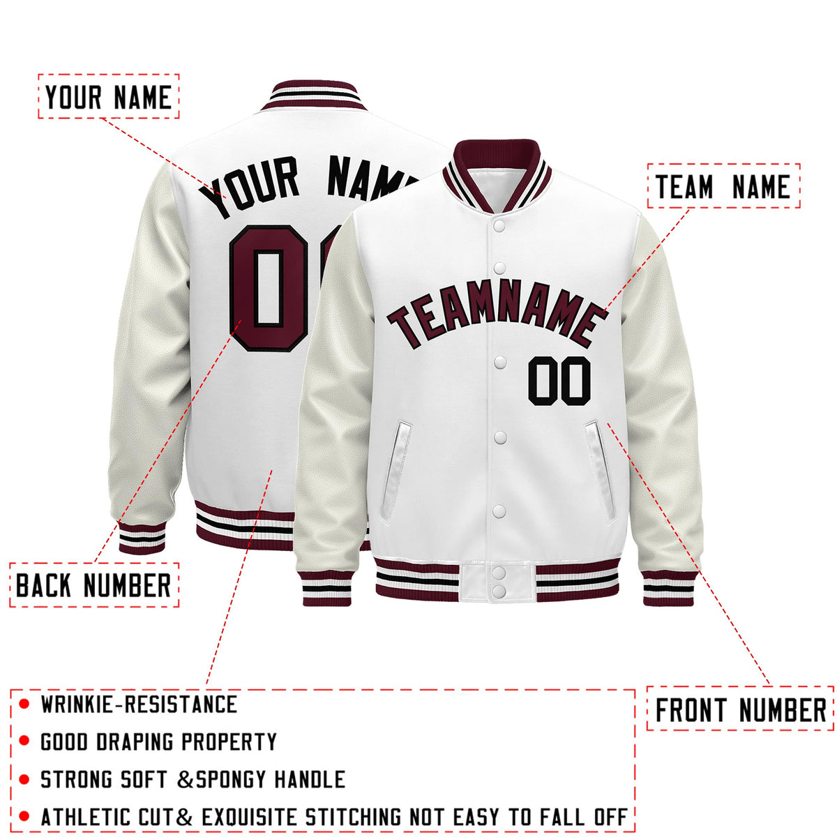 Custom White Crimson Black Classic Style Leather Sleeves Wrinkle-Resistant Jacket| KXKSHOP