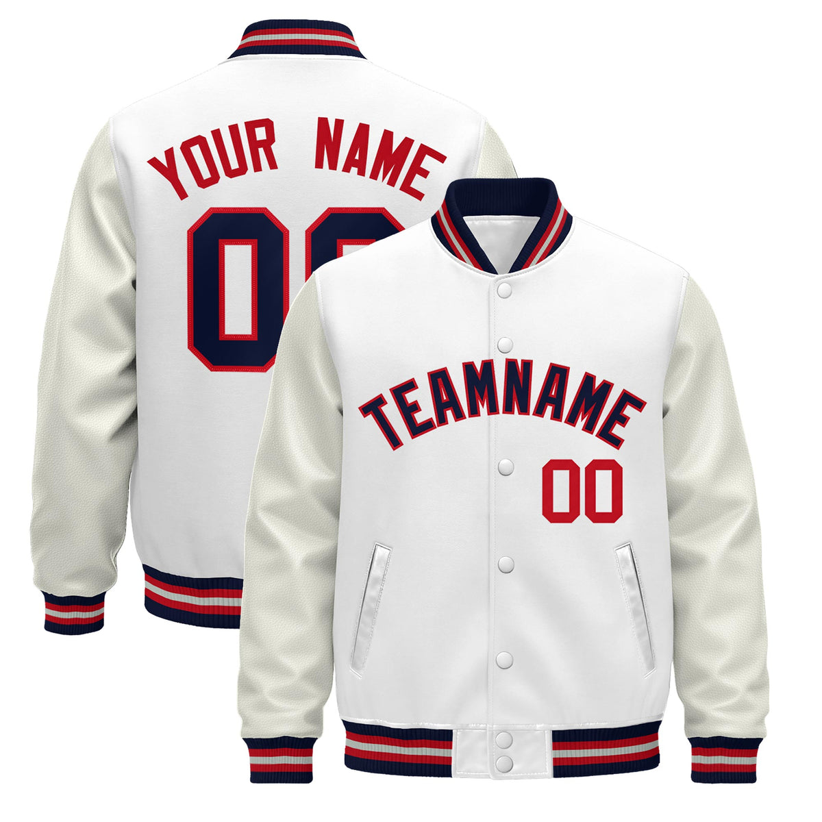 Custom White Navy Red Jacket - Classic Style Leather Sleeves Wrinkle-Resistant