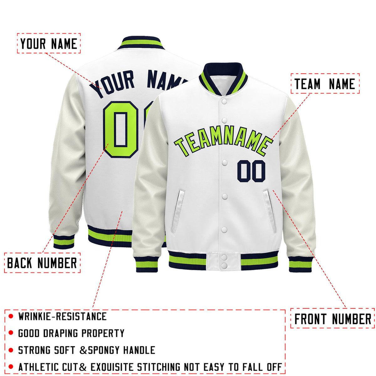 Custom White Navy Neon Green Classic Style Leather Sleeves Wrinkle-Resistant Jacket| KXKSHOP