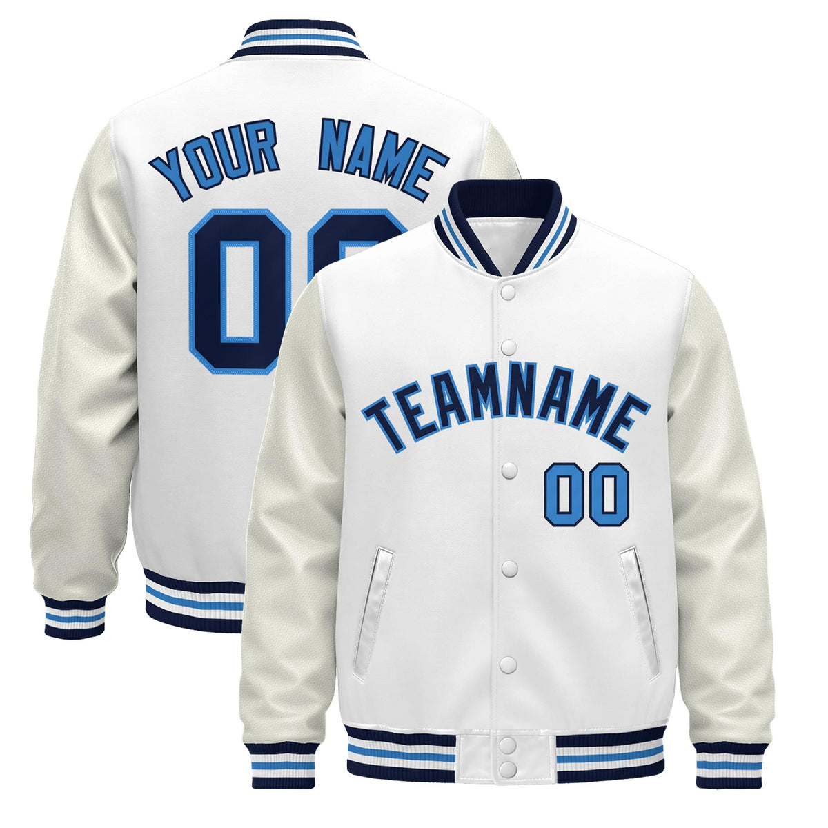 Custom White Navy Powder Blue Jacket - Classic Style Leather Sleeves Wrinkle-Resistant