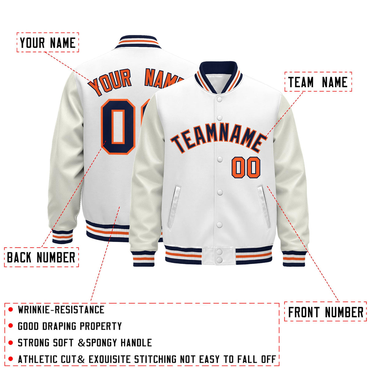 Custom White Navy Orange Classic Style Leather Sleeves Wrinkle-Resistant Jacket| KXKSHOP