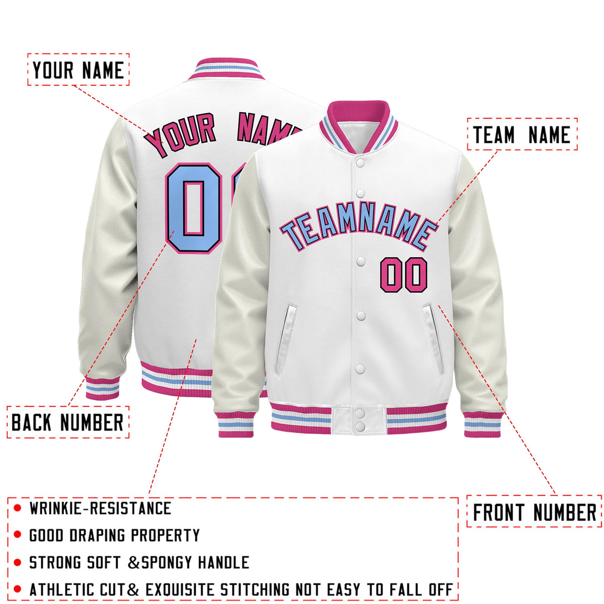 Custom White Pink Light Blue Classic Style Leather Sleeves Wrinkle-Resistant Jacket| KXKSHOP