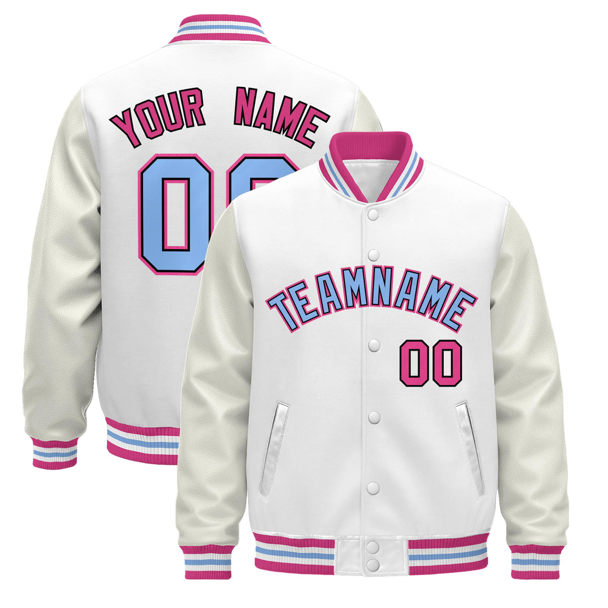 Custom White Pink Light Blue Jacket - Classic Style Leather Sleeves Wrinkle-Resistant