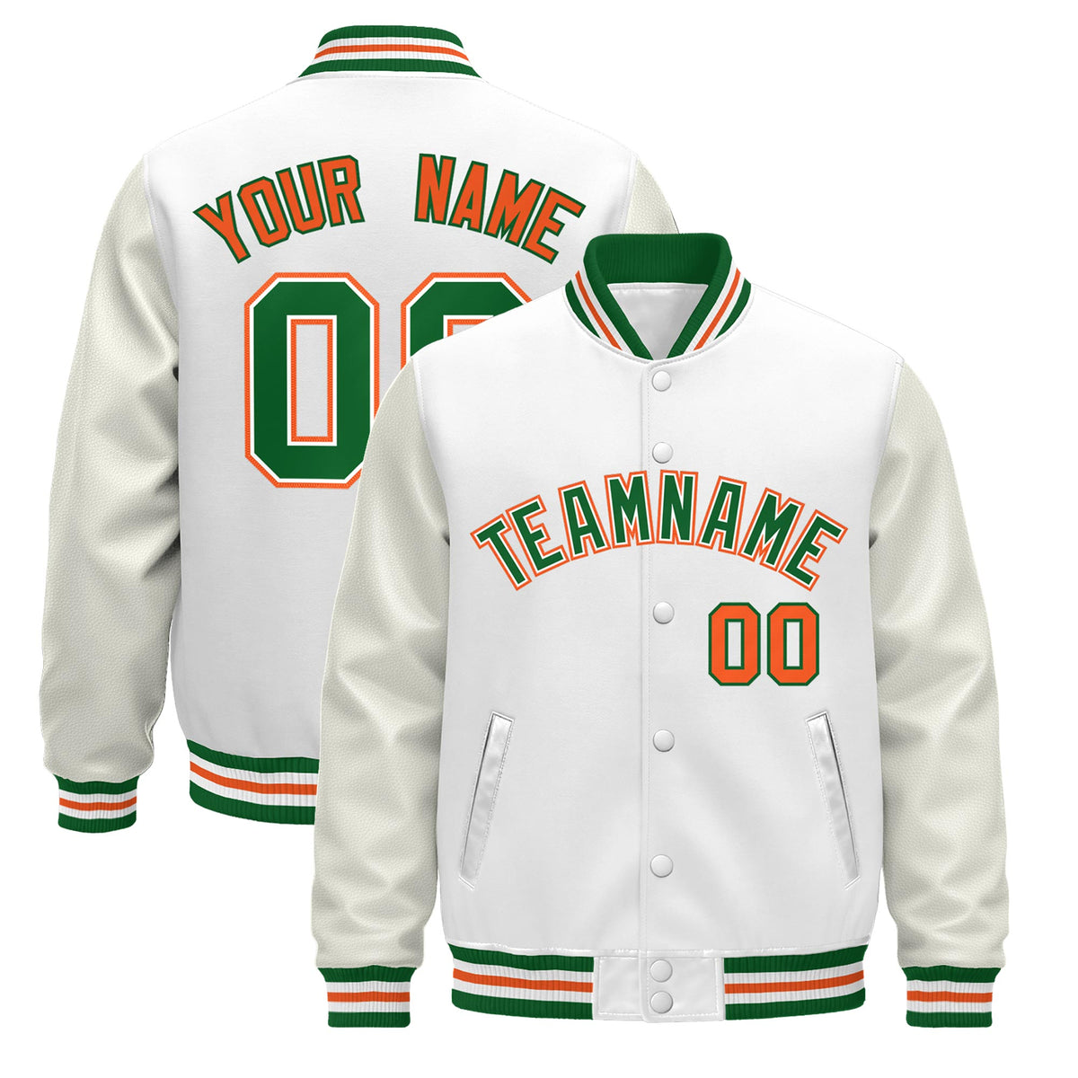 Custom White Kelly Green Orange Jacket - Classic Style Leather Sleeves Wrinkle-Resistant