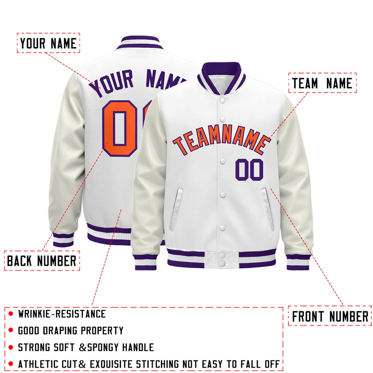 Custom White Purple Classic Style Leather Sleeves Wrinkle-Resistant Jacket| KXKSHOP