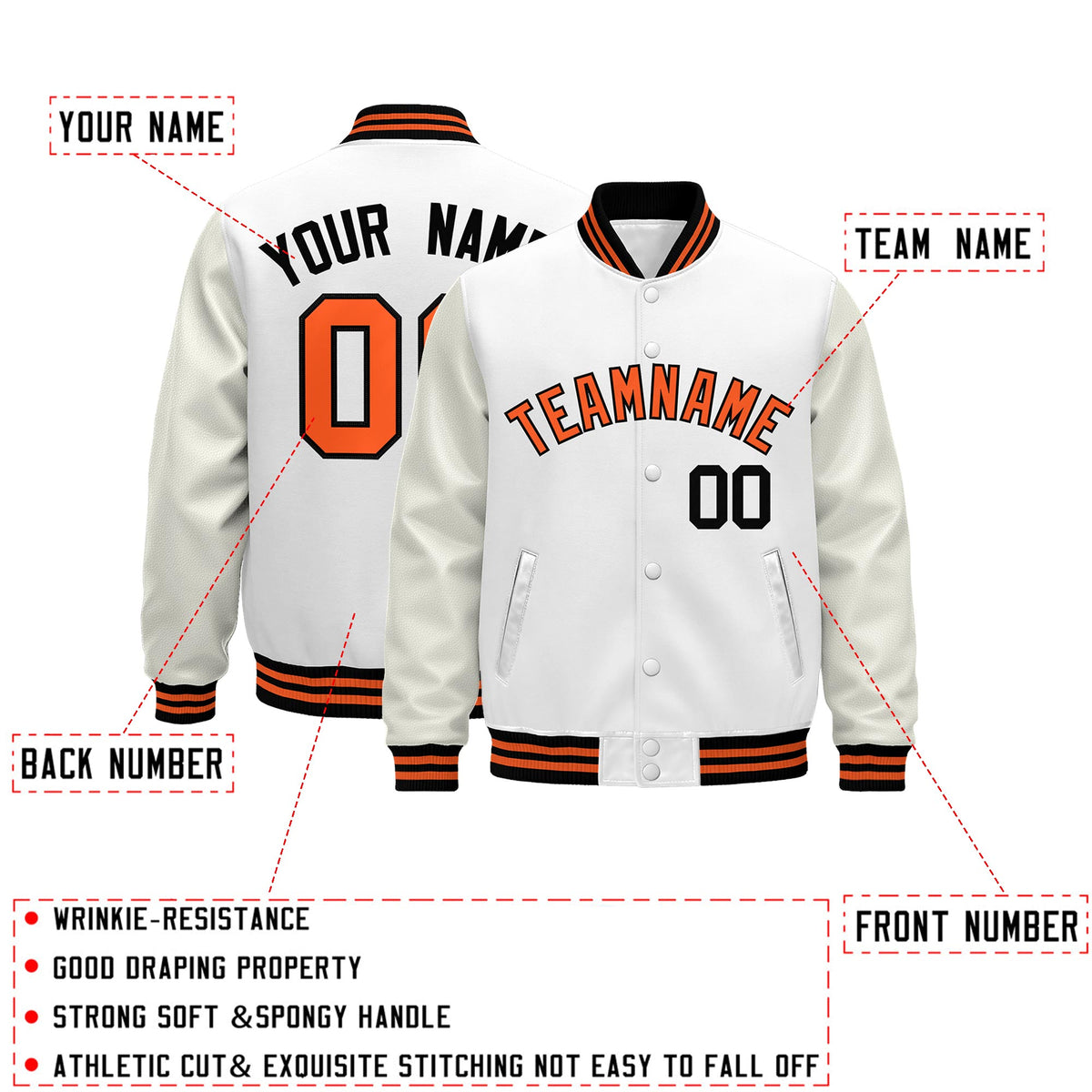 Custom White Black Orange Classic Style Leather Sleeves Wrinkle-Resistant Jacket| KXKSHOP