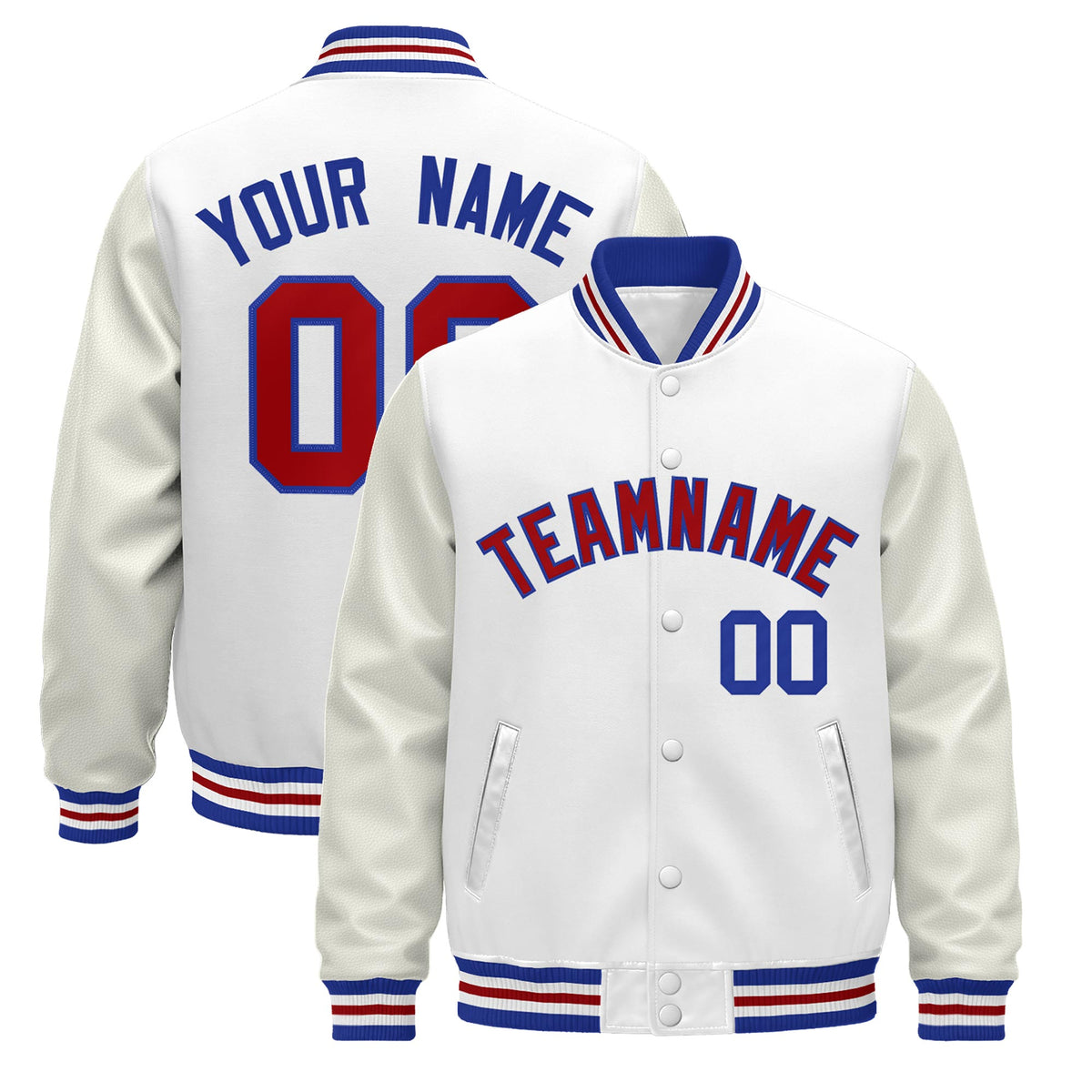 Custom White Royal Blue Red Jacket - Classic Style Leather Sleeves Wrinkle-Resistant