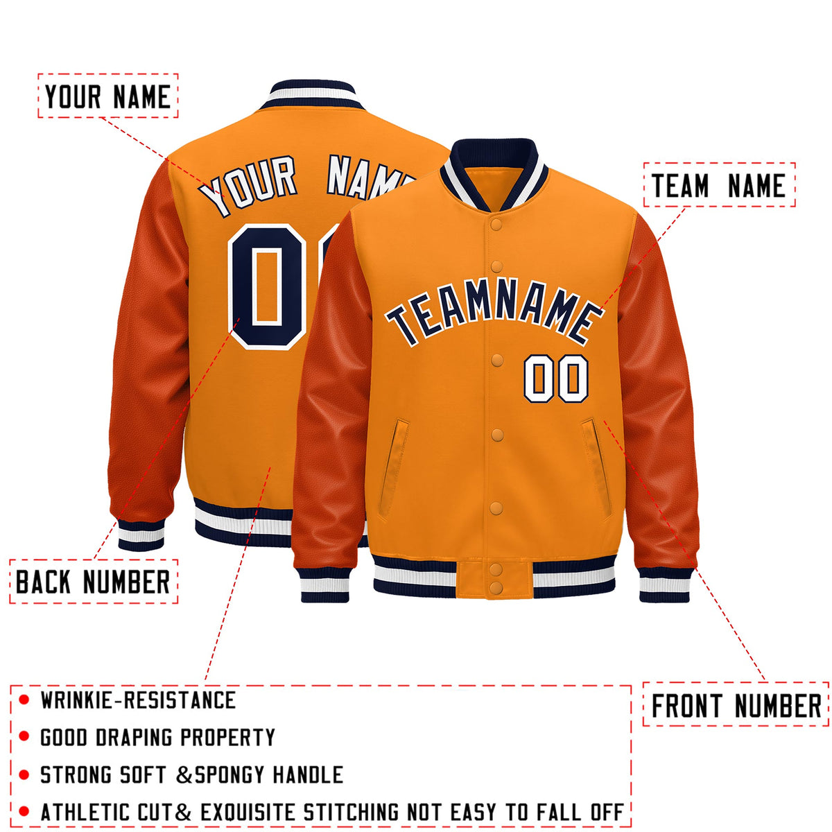 Custom Orange Navy White Classic Style Leather Sleeves Wrinkle-Resistant Jacket| KXKSHOP