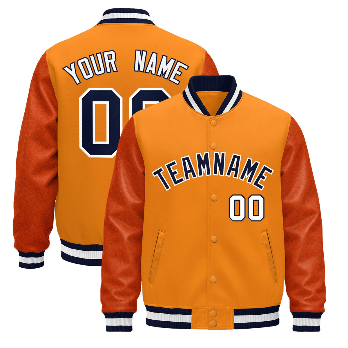 Custom Orange Navy White Jacket - Classic Style Leather Sleeves Wrinkle-Resistant