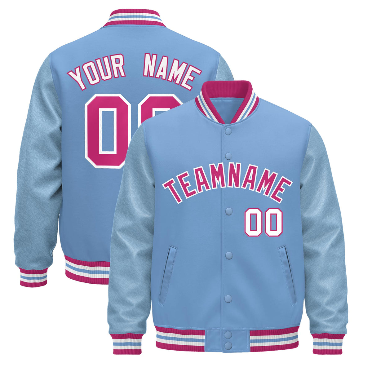 Custom Powder Blue Pink White Jacket - Classic Style Leather Sleeves Wrinkle-Resistant