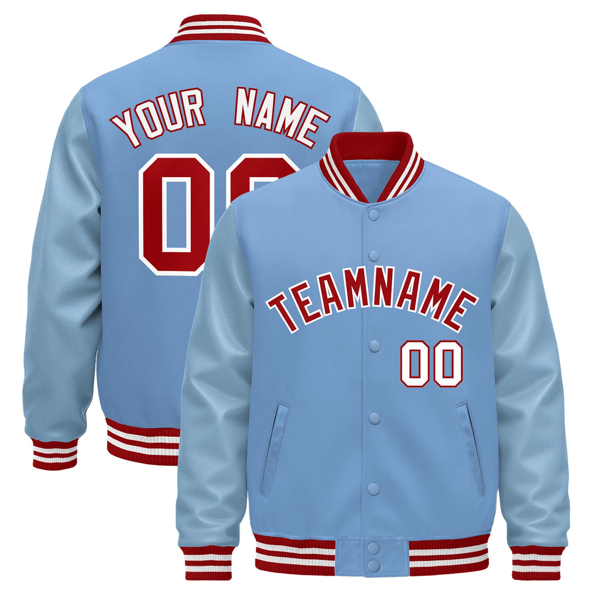 Custom Powder Blue Red White Jacket - Classic Style Leather Sleeves Wrinkle-Resistant