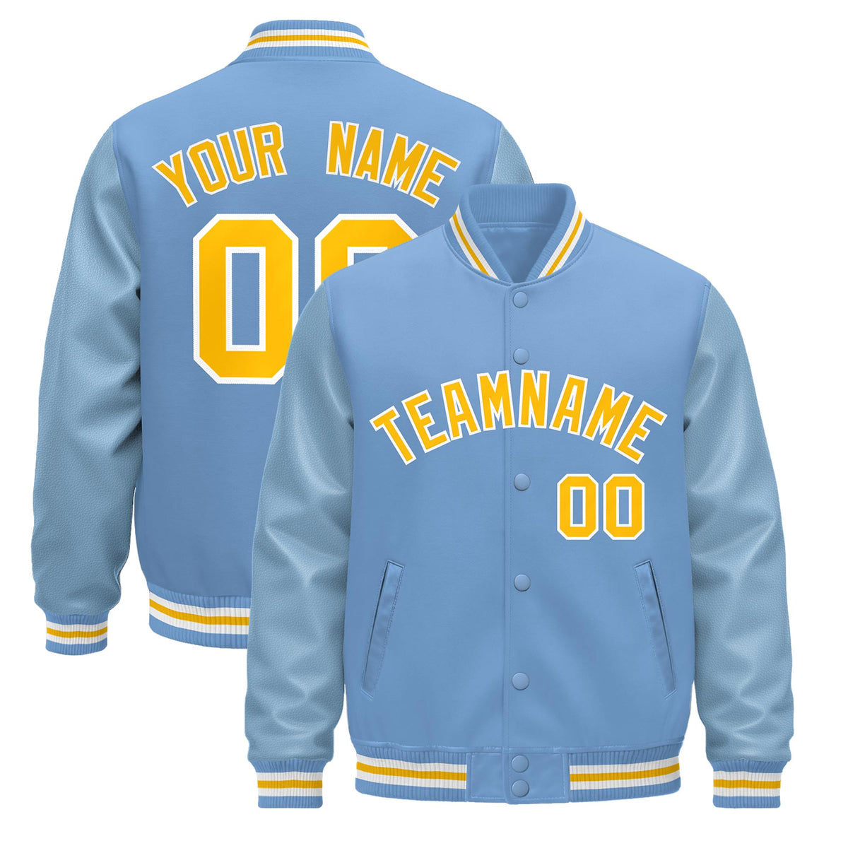 Custom Powder Blue Yellow White Jacket - Classic Style Leather Sleeves Wrinkle-Resistant