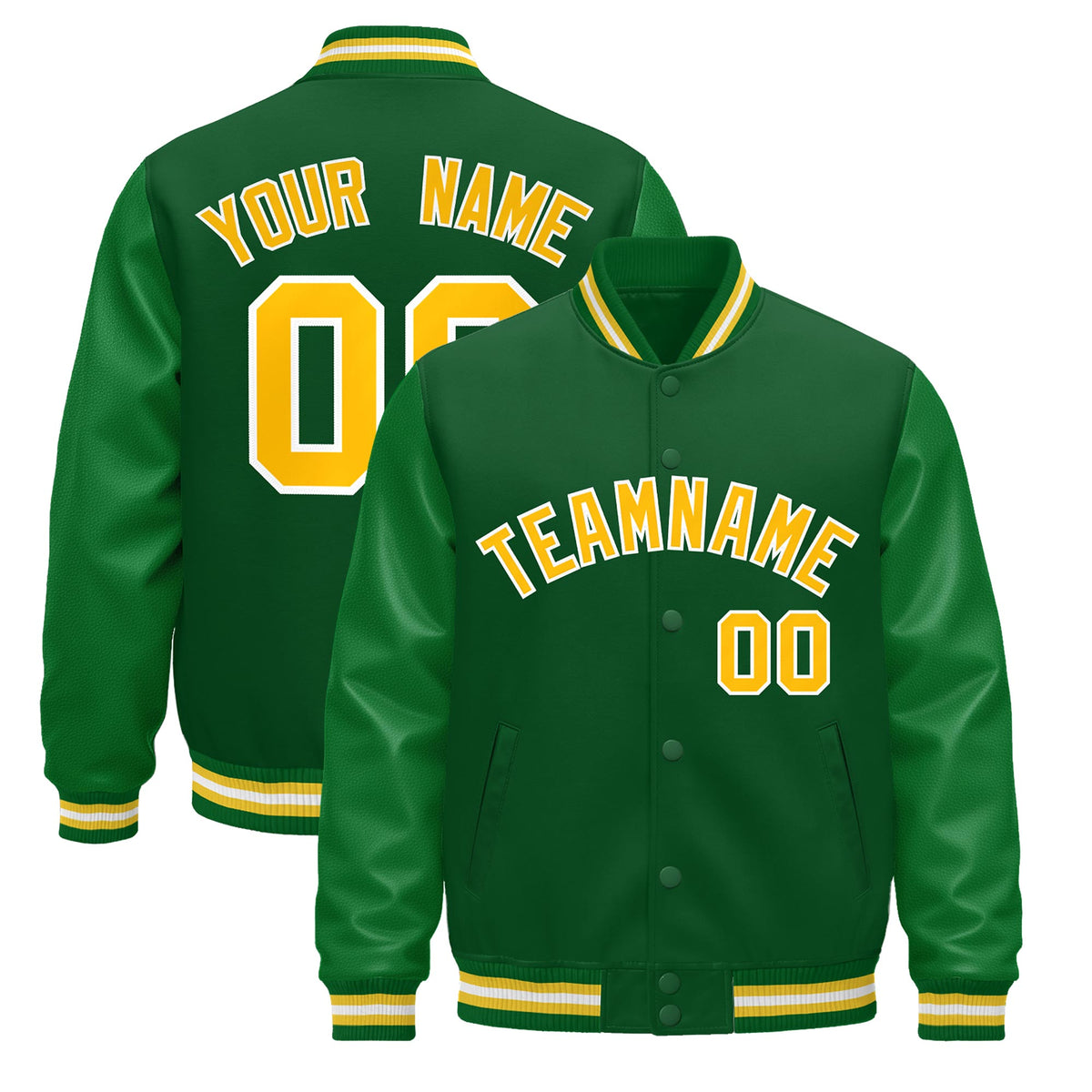 Custom Kelly Green Gold White Jacket - Classic Style Leather Sleeves Wrinkle-Resistant