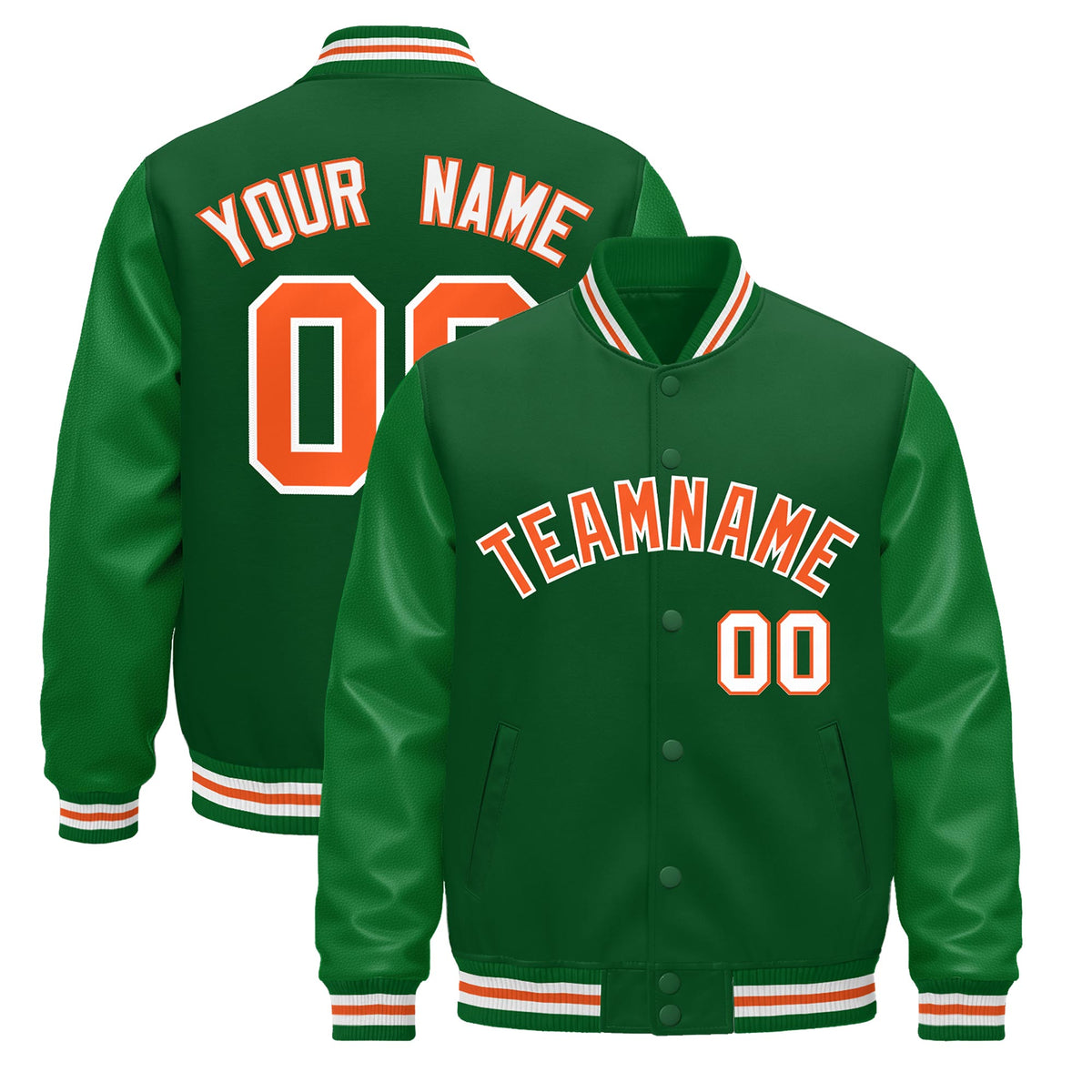 Custom Kelly Green White Orange Jacket - Classic Style Leather Sleeves Wrinkle-Resistant