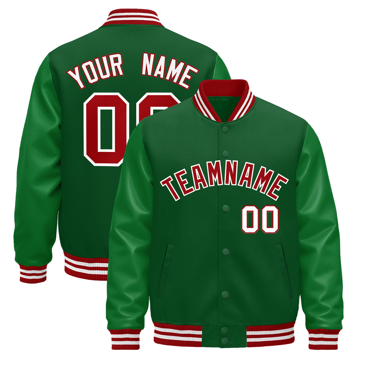 Custom Kelly Green Red White Jacket - Classic Style Leather Sleeves Wrinkle-Resistant