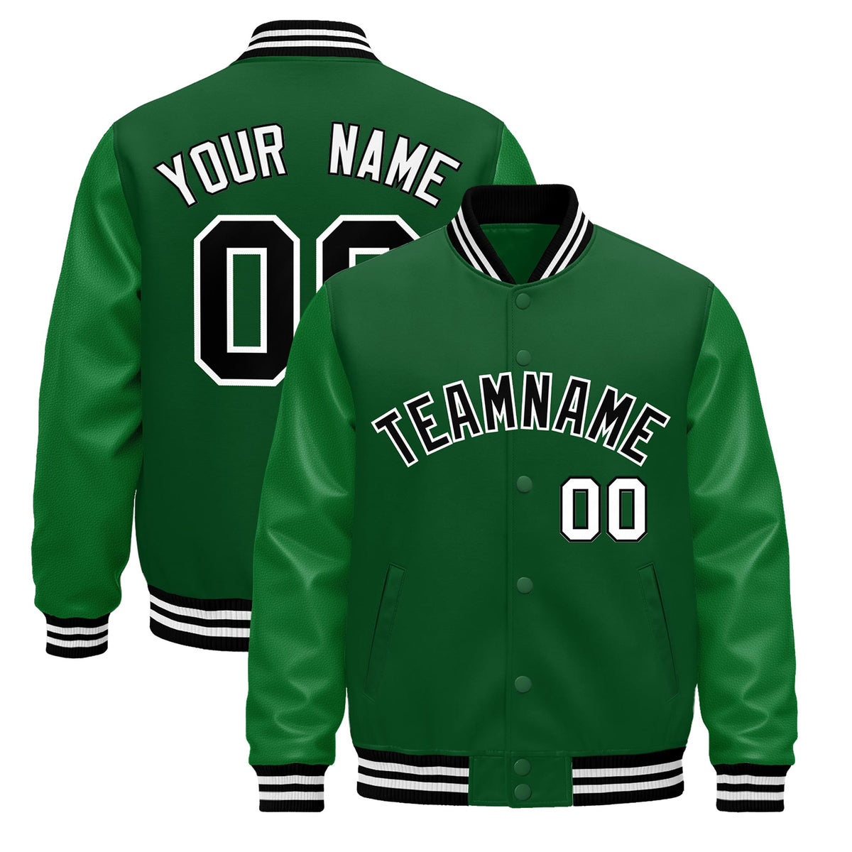 Custom Kelly Green Black White Jacket - Classic Style Leather Sleeves Wrinkle-Resistant