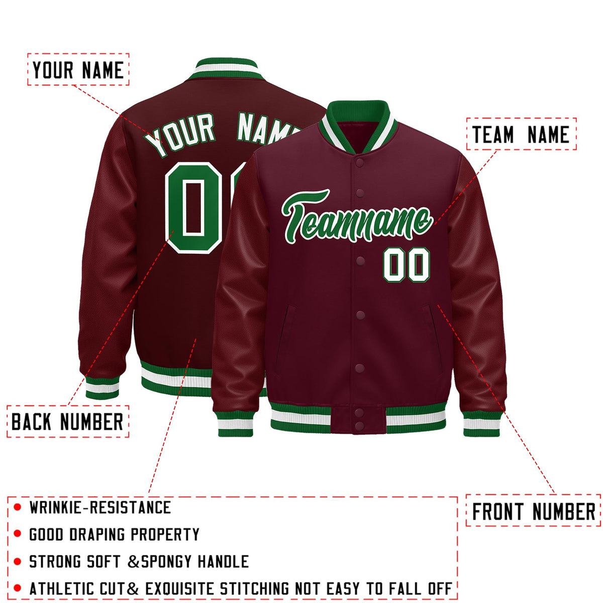 Custom Burgundy White Classic Style Leather Sleeves Wrinkle-Resistant Jacket| KXKSHOP