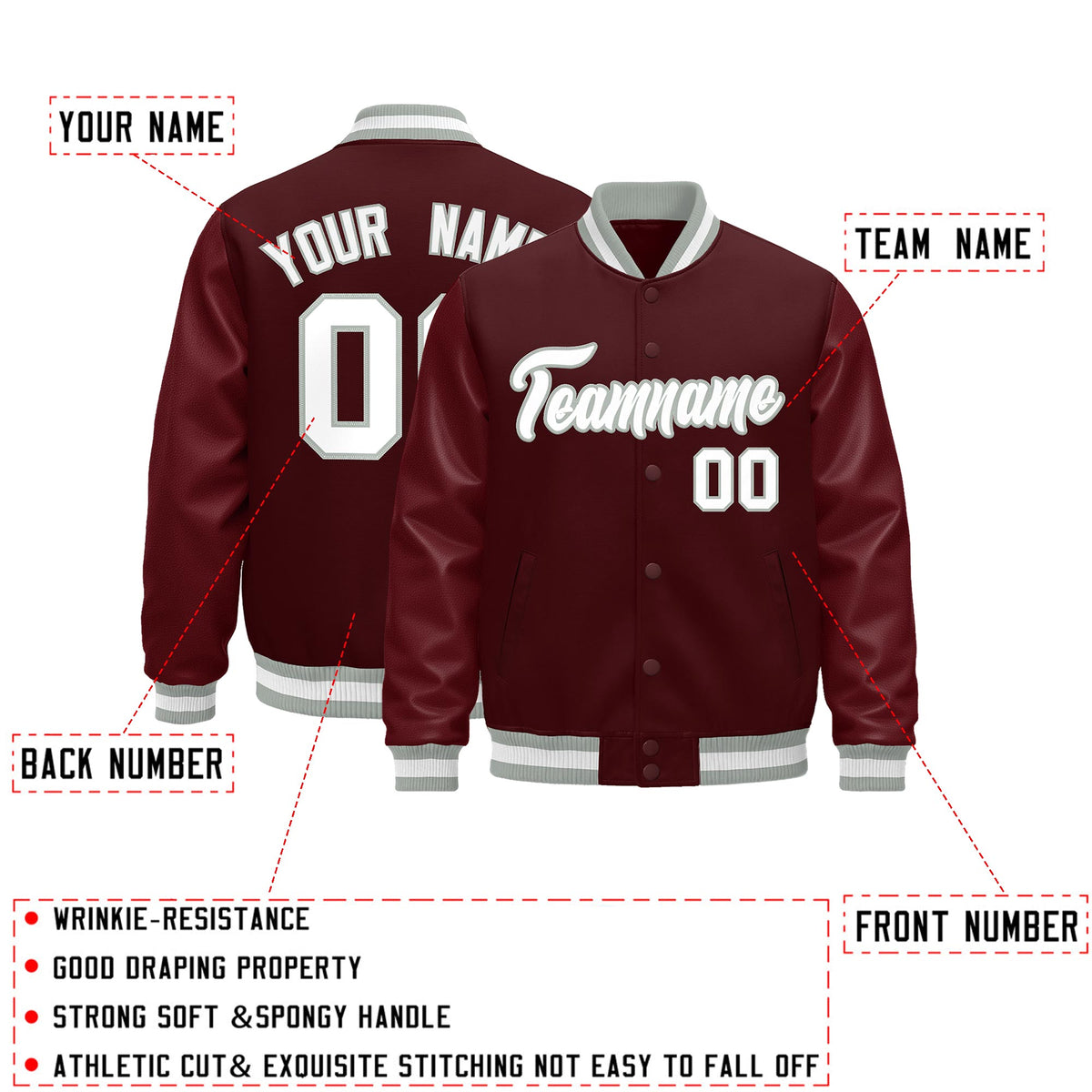 Custom Burgundy White Classic Style Leather Sleeves Wrinkle-Resistant Jacket| KXKSHOP