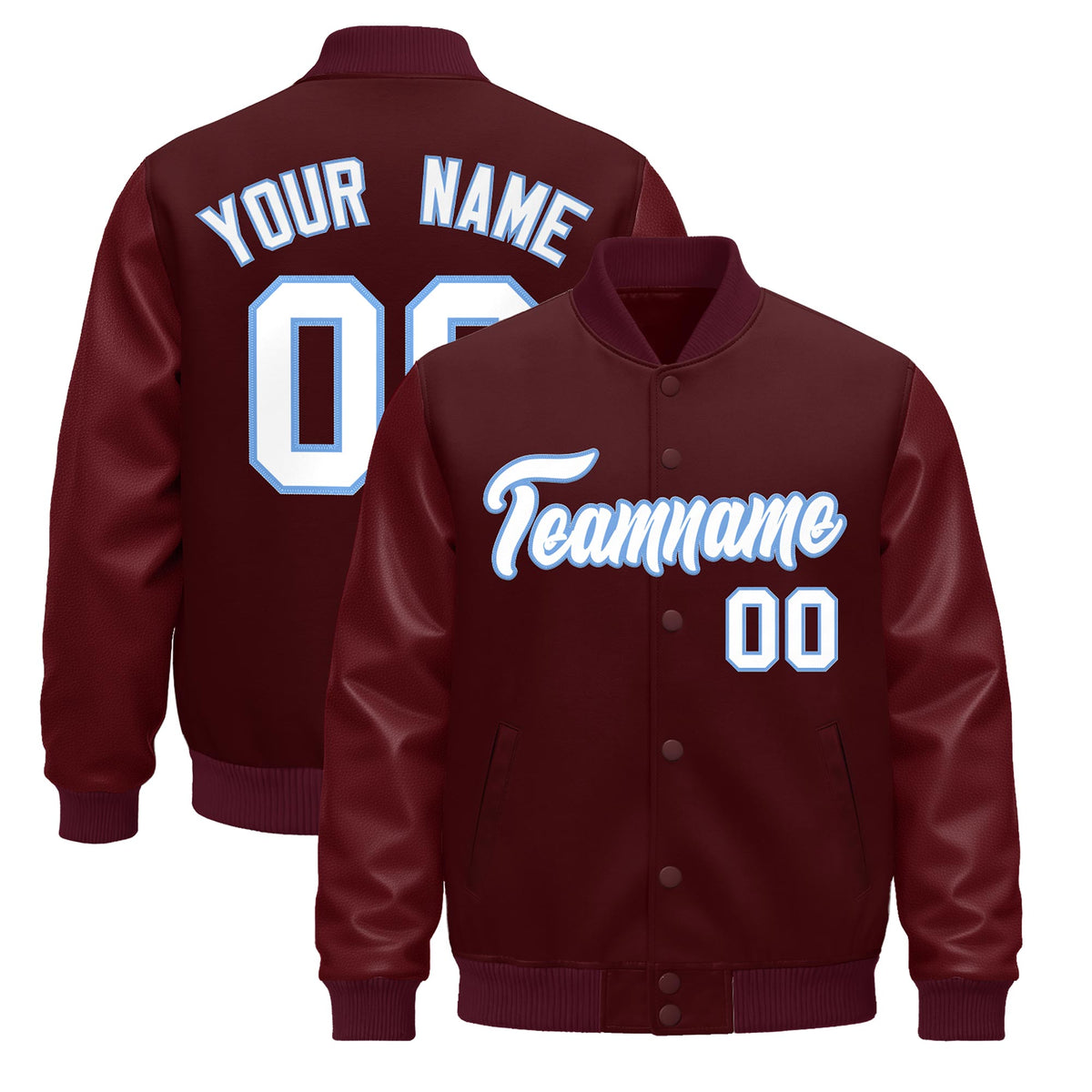 Custom Burgundy Light Blue Jacket - Classic Style Leather Sleeves Wrinkle-Resistant