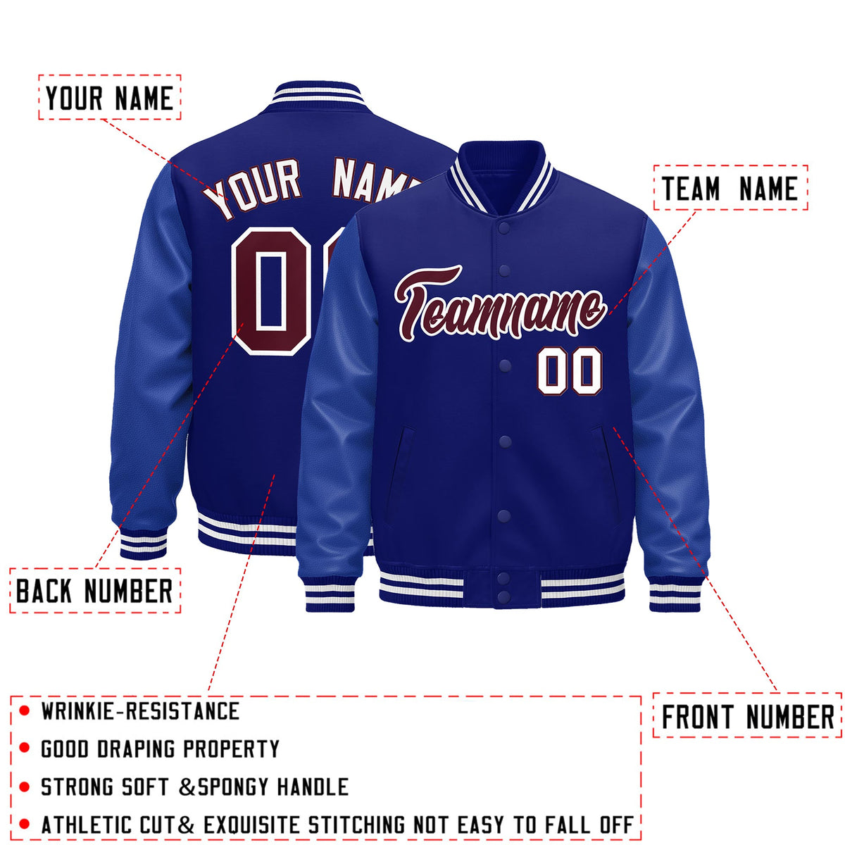 Custom Royal Blue White Classic Style Leather Sleeves Wrinkle-Resistant Jacket| KXKSHOP