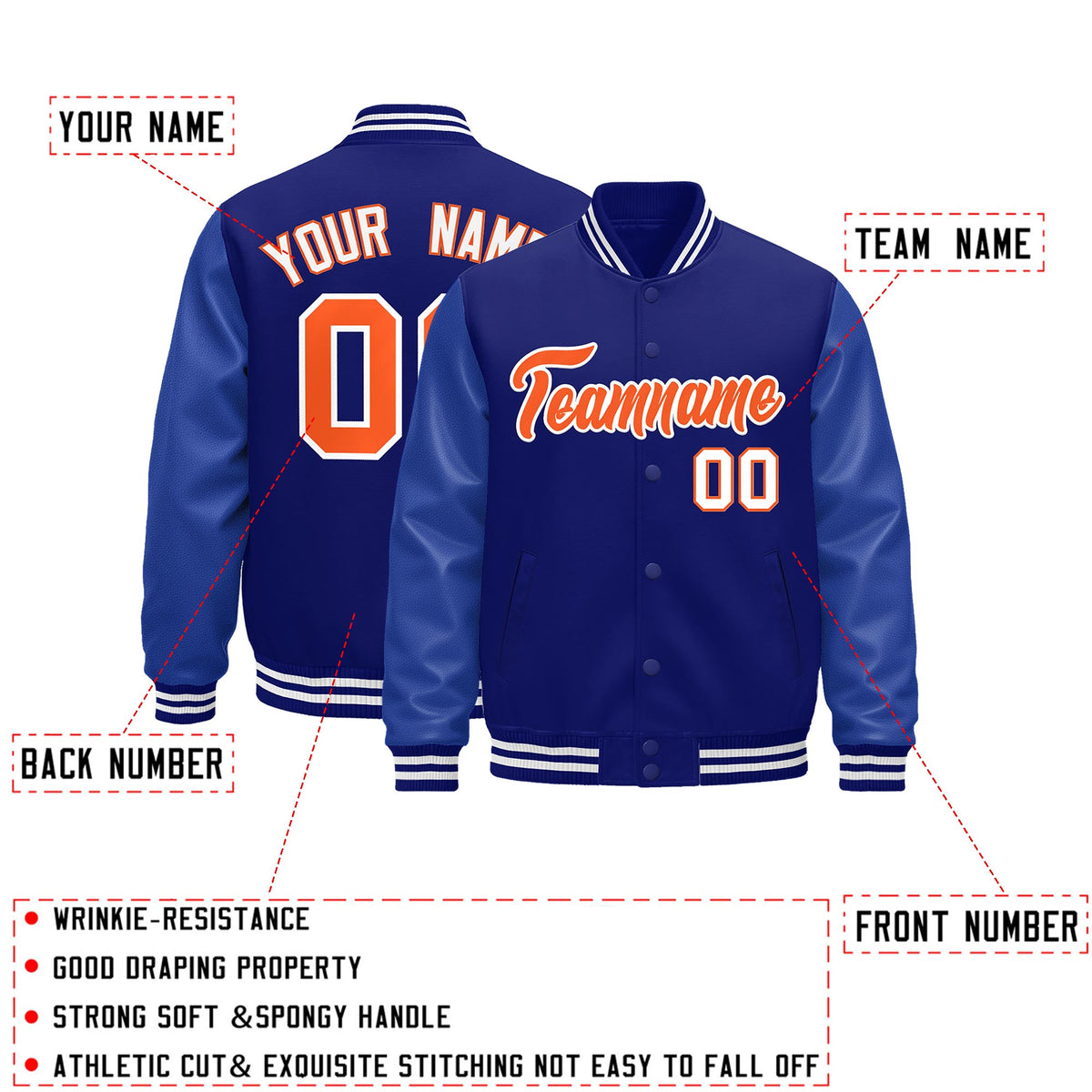 Custom Royal Blue White Classic Style Leather Sleeves Wrinkle-Resistant Jacket| KXKSHOP
