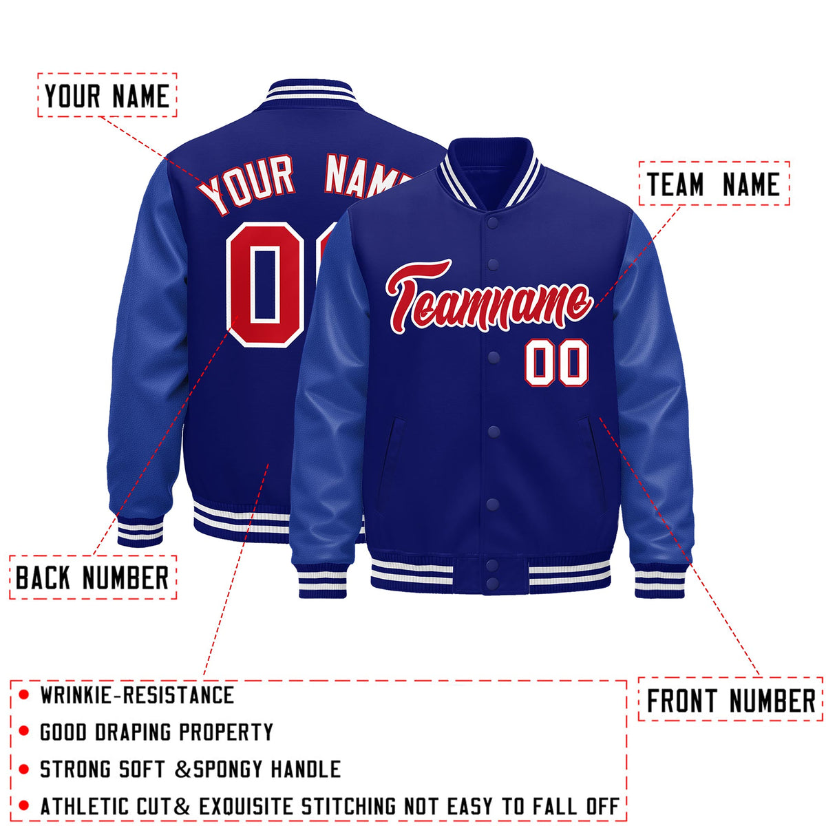 Custom Royal Blue White Classic Style Leather Sleeves Wrinkle-Resistant Jacket| KXKSHOP