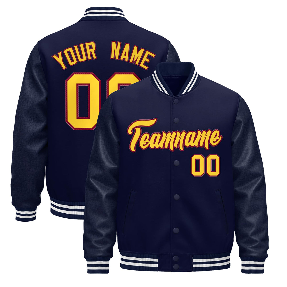 Custom Navy Burgundy Jacket - Classic Style Leather Sleeves Wrinkle-Resistant