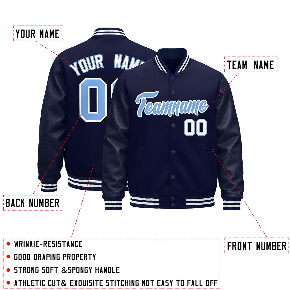 Custom Navy White Classic Style Leather Sleeves Wrinkle-Resistant Jacket| KXKSHOP