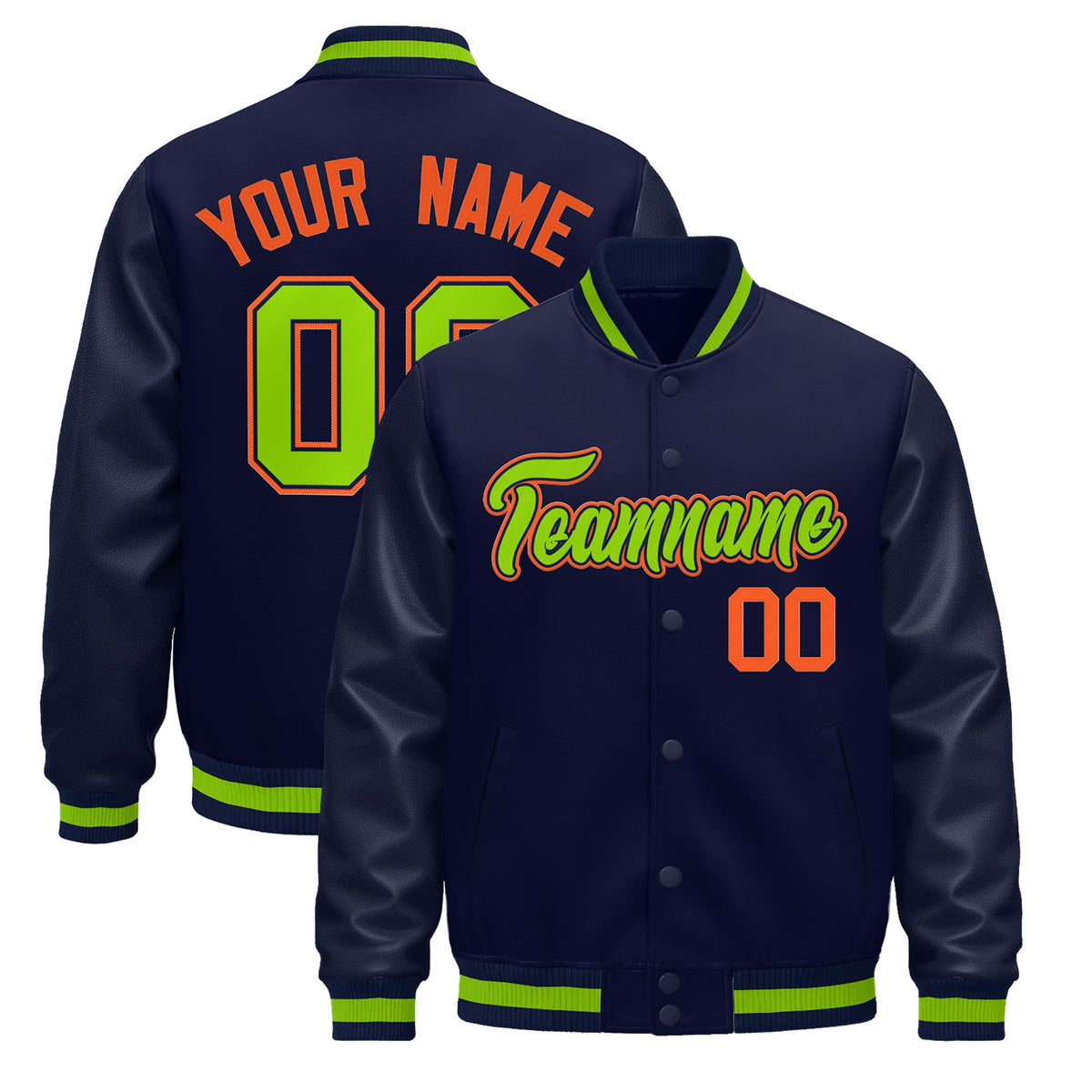 Custom Navy Orange Jacket - Classic Style Leather Sleeves Wrinkle-Resistant