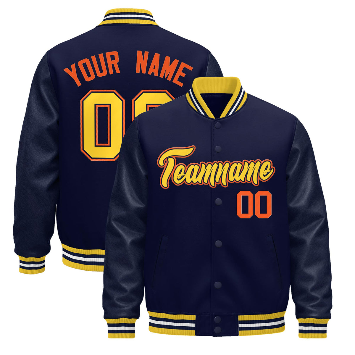 Custom Navy yellow Jacket - Classic Style Leather Sleeves Wrinkle-Resistant