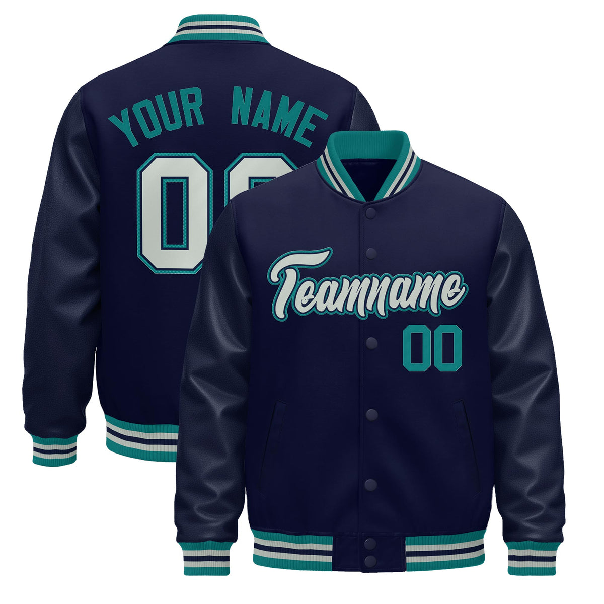 Custom Navy Teal Gray Jacket - Classic Style Leather Sleeves Wrinkle-Resistant