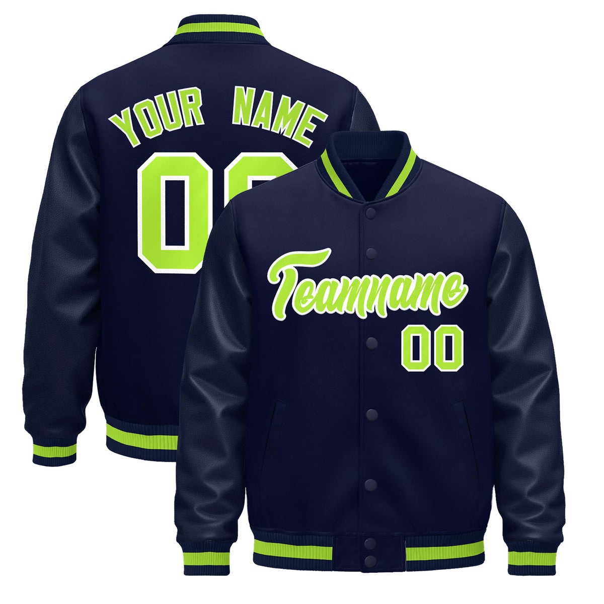 Custom Navy Neon Green Jacket - Classic Style Leather Sleeves Wrinkle-Resistant